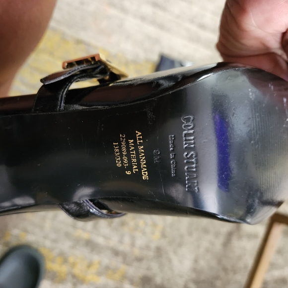 Colin Stuart Black Patent Leather High Heel Gold Belted Strap Boots - Picture 5 of 8